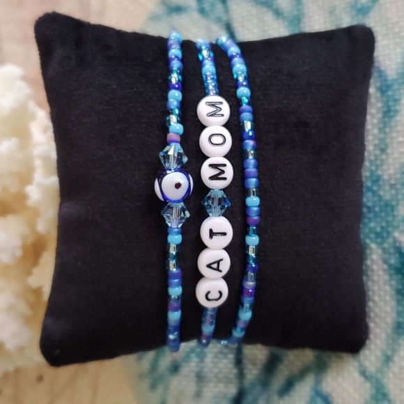 Seed Bead Stack Stretch Bracelets"Cat Mom" & "Evil Eye" Bracelets - Picture 3 of 16